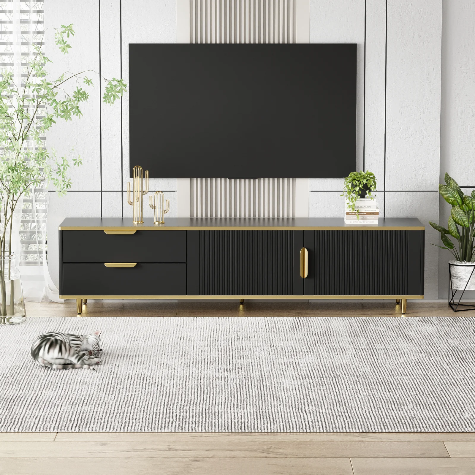 Anajqaqia Meuble TV moderne, meuble bas avec poignées dorées, avec 2 armoires de rangement et 2 tiroirs, pour le salon