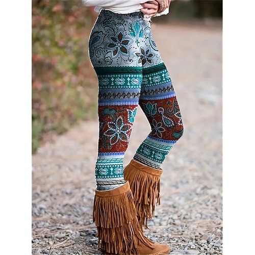 Damen Leggings Urlaub Vintage Mode Volle Länge Hohe Taille Blumen Grafik Drucken Thermowarm Weich Atmungsaktiv Dehnbar Täglich Outdoor Urlaub Blau Beige Violett Grün Frühling Herbst Schmale Passform Image