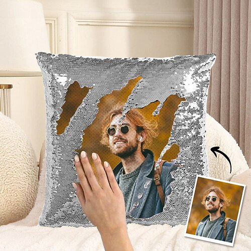 Personalisiertes Foto-Paillettenkissen für Männer, personalisierter Wendekissenbezug mit Ihrem Bild, einzigartiges Geschenk für ihn zum Geburtstag oder Jahrestag Image