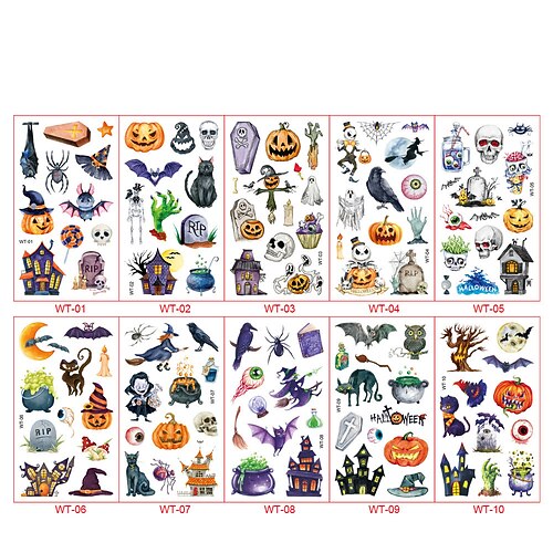 Halloween-Cartoon-Tattoo-Aufkleber für Kinder – 10 wasserdichte temporäre Kürbis-Tattoos als Partygeschenk Dekorationen Image
