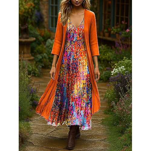 Damen Kleid-Set Maxidress A Linie Kleid Urlaub Boho Blumen Grafik Geschichtet Druck Maxikleid Dreiviertelarm V Ausschnitt Täglich Outdoor Blau Marineblau Orange Sommer Frühling Normale Passform Image