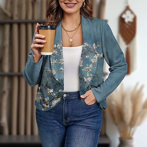Damen Blazer Bequem Öffnung vorne Elegant Mode Glamourös Dramatisch Retro Blumen Urlaub Heim Büro Arbeit Kurz Schalkragen Normale Passform Langarm Oberbekleidung Schwarz Weiß Rote Frühling Herbst Image
