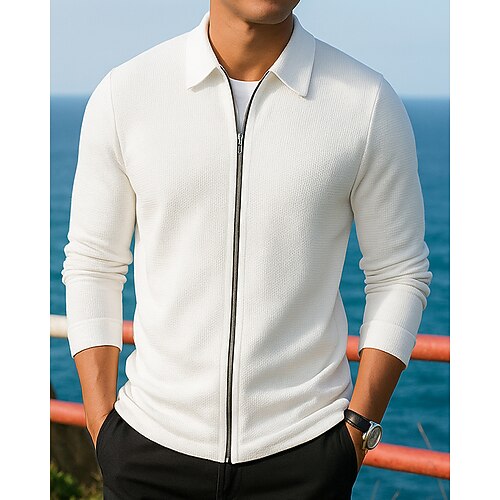 Herren Freizeitmäntel Lounge-Jacke Jacke mit durchgehendem Reißverschluss Waffel Langarm Oberteil Athleisure Herbst Winter Einfarbig Outdoor Reise Sport Sportbekleidung Sportkleidung Blau Schwarz Weiß Image