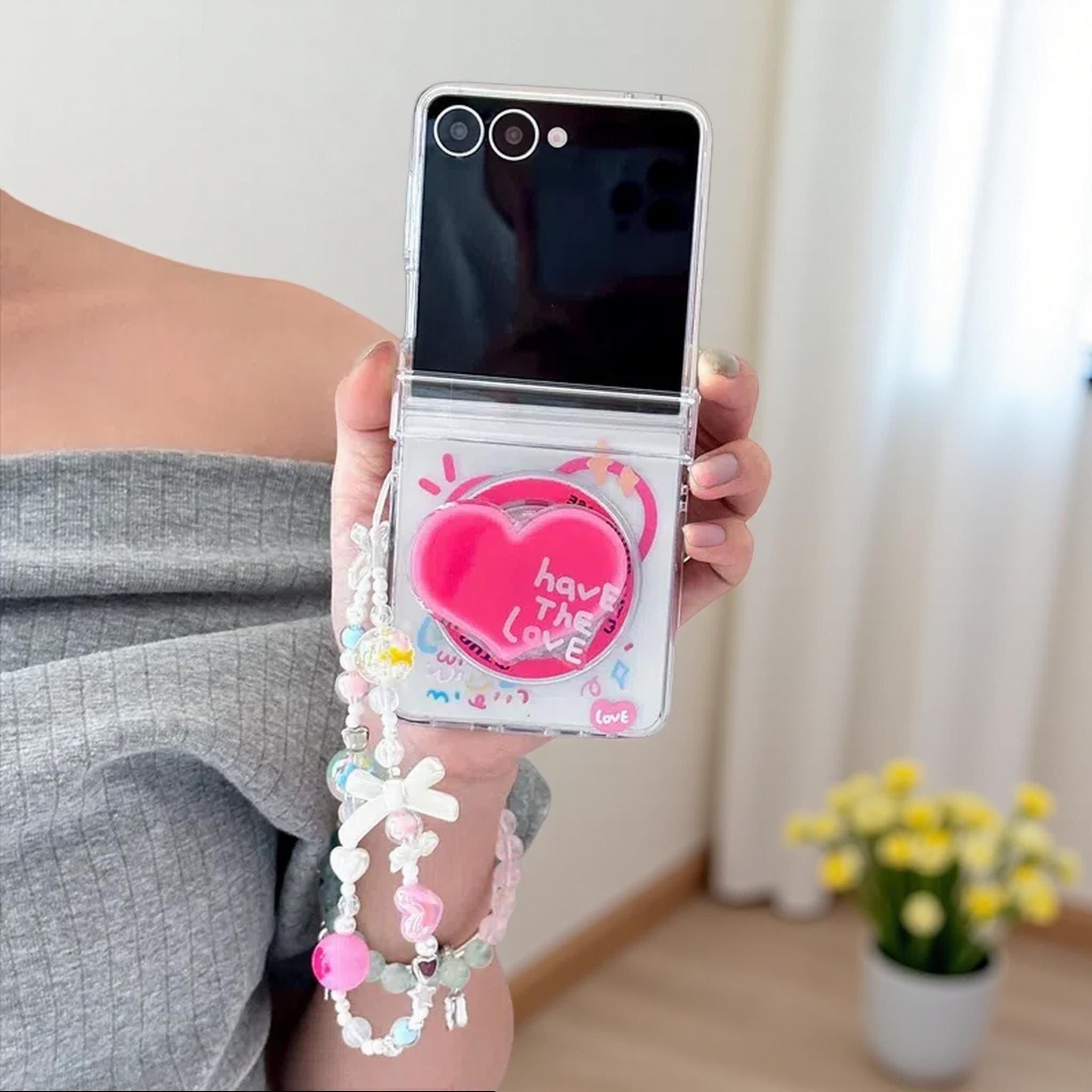 Custodia magnetica con supporto a forma di cuore con graffiti per Samsung Galaxy Z Flip 7 6 5 4 3 / Custodia trasparente con cinturino a catena