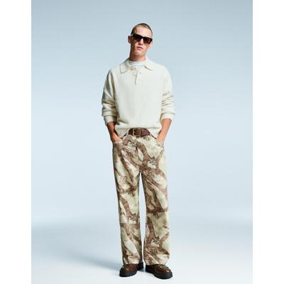 Bershka Baggy Printed Jeans Men 34 Green