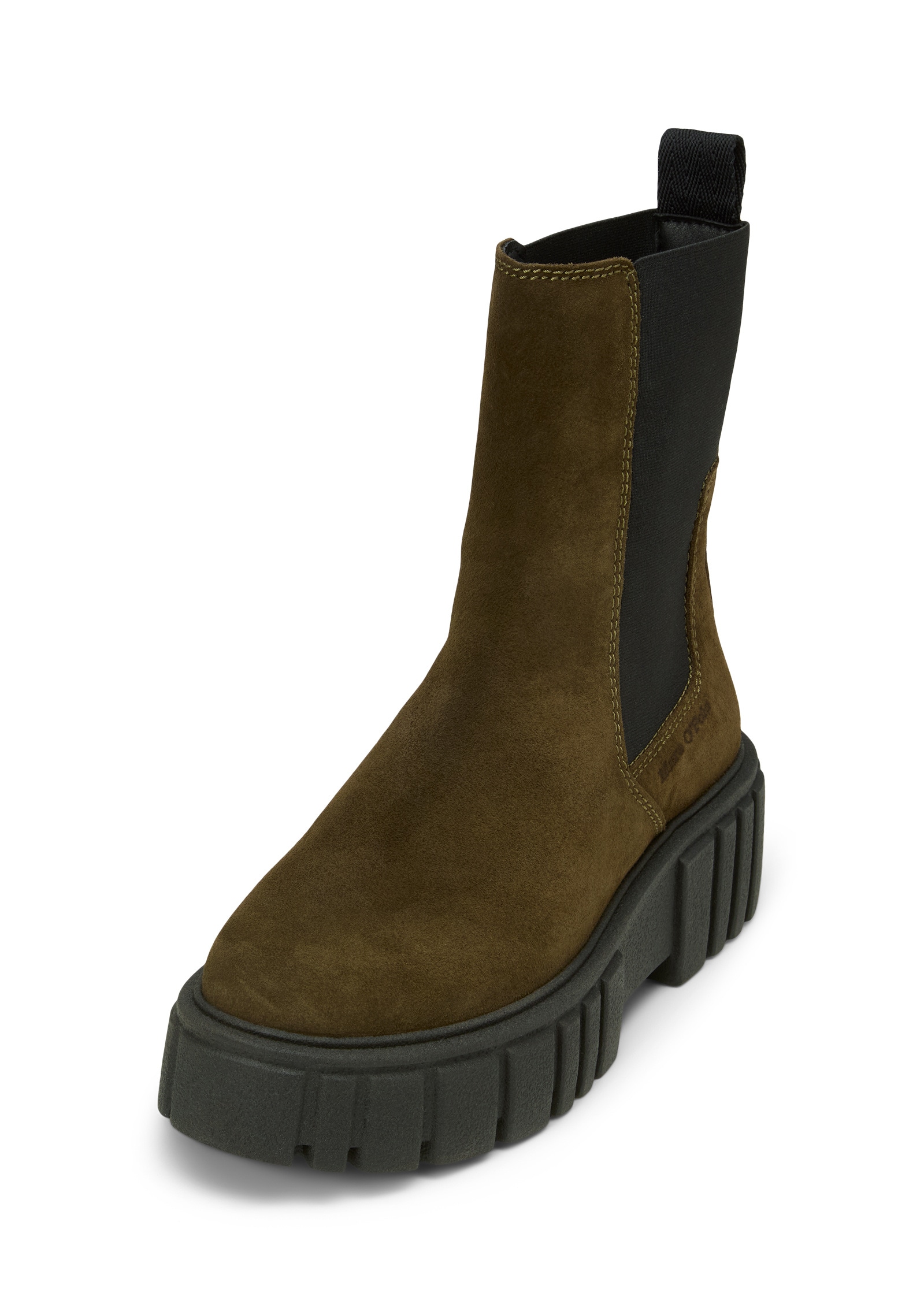 Chelseaboots MARC O'POLO "mit leichter Plateausohle", Damen, Gr. 41, grün (schwarz mossy olive), Obermaterial: 100% Leder (Rind), unifarben, Schuhe