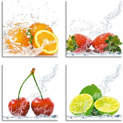Leinwandbild ARTLAND "Früchte mit Spritzwasser", bunt (farbe bild(er): bunt), B:30cm H:30cm, Canvas, Leinwand, MDF, Bilder, 4er Set, verschiedene Größen Image