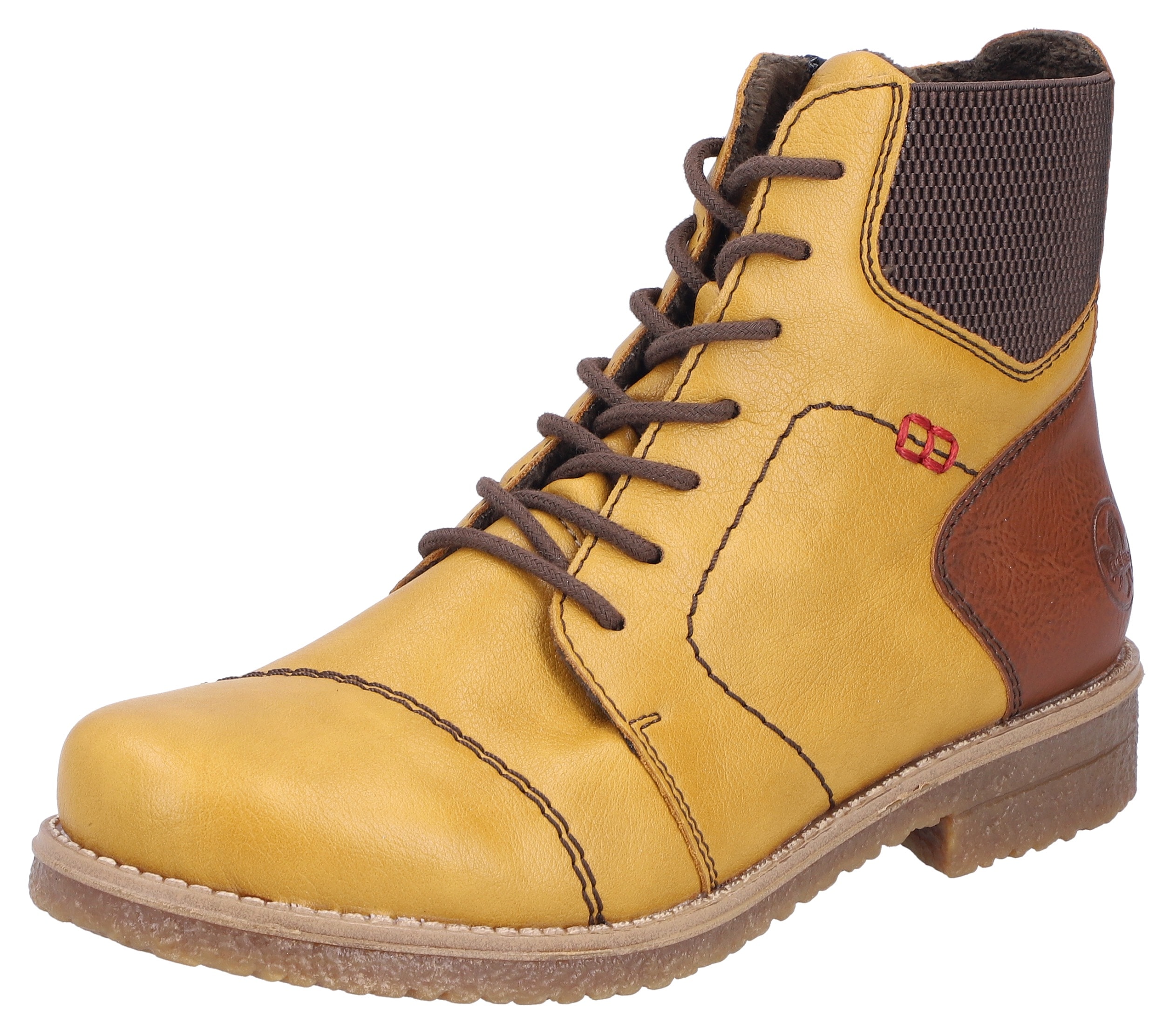 Schnürstiefelette RIEKER, Damen, Gr. 38, braun (ockergelb, braun), Elastischer Einsatz, Lederimitat, Basic, Schuhe Schnürstiefelette, Schnürboots, Herbststiefelette, Blockabsatz, mit weicher Innensohle