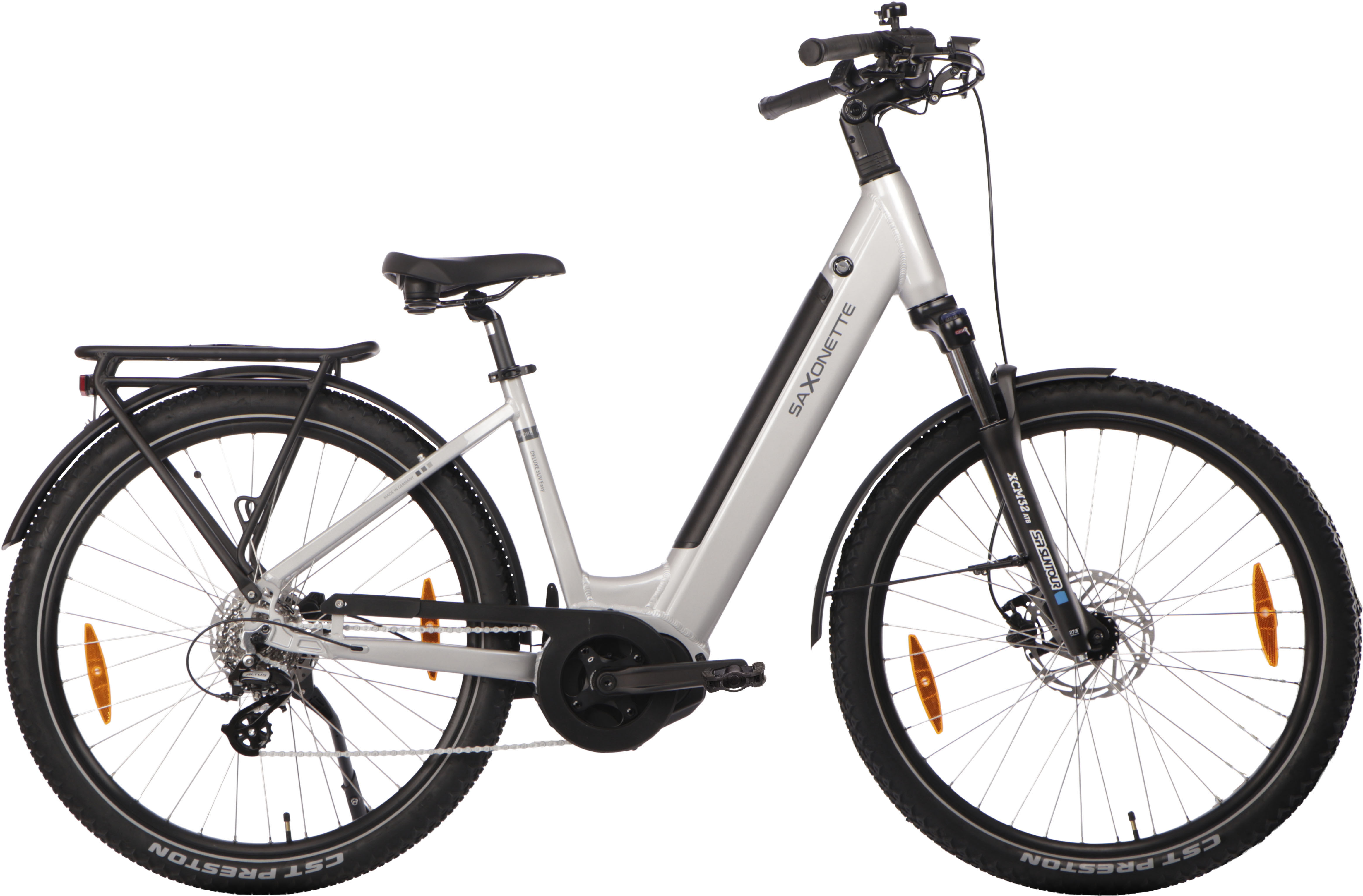 E-Bike SAXONETTE "SAXONETTE Trekkingrad Deluxe SUV easy (Wave)" Gr. 45, schwarz (silber, schwarz), Elektrofahrräder, 45cm, 27,5 Zoll (69,85cm), (mit integr. Akku), Elektrofahrrad für Damen u. Herren Image