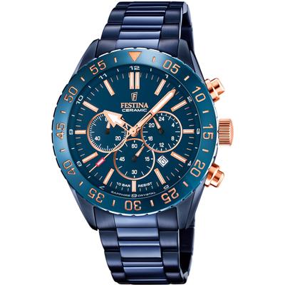 Chronograph FESTINA "Keramik Kollektion", blau (metallicblau), Armbanduhren, Herren, Armbanduhr, Quarzuhr, Herrenuhr, Stoppfunktion, Edelstahlarmband Image
