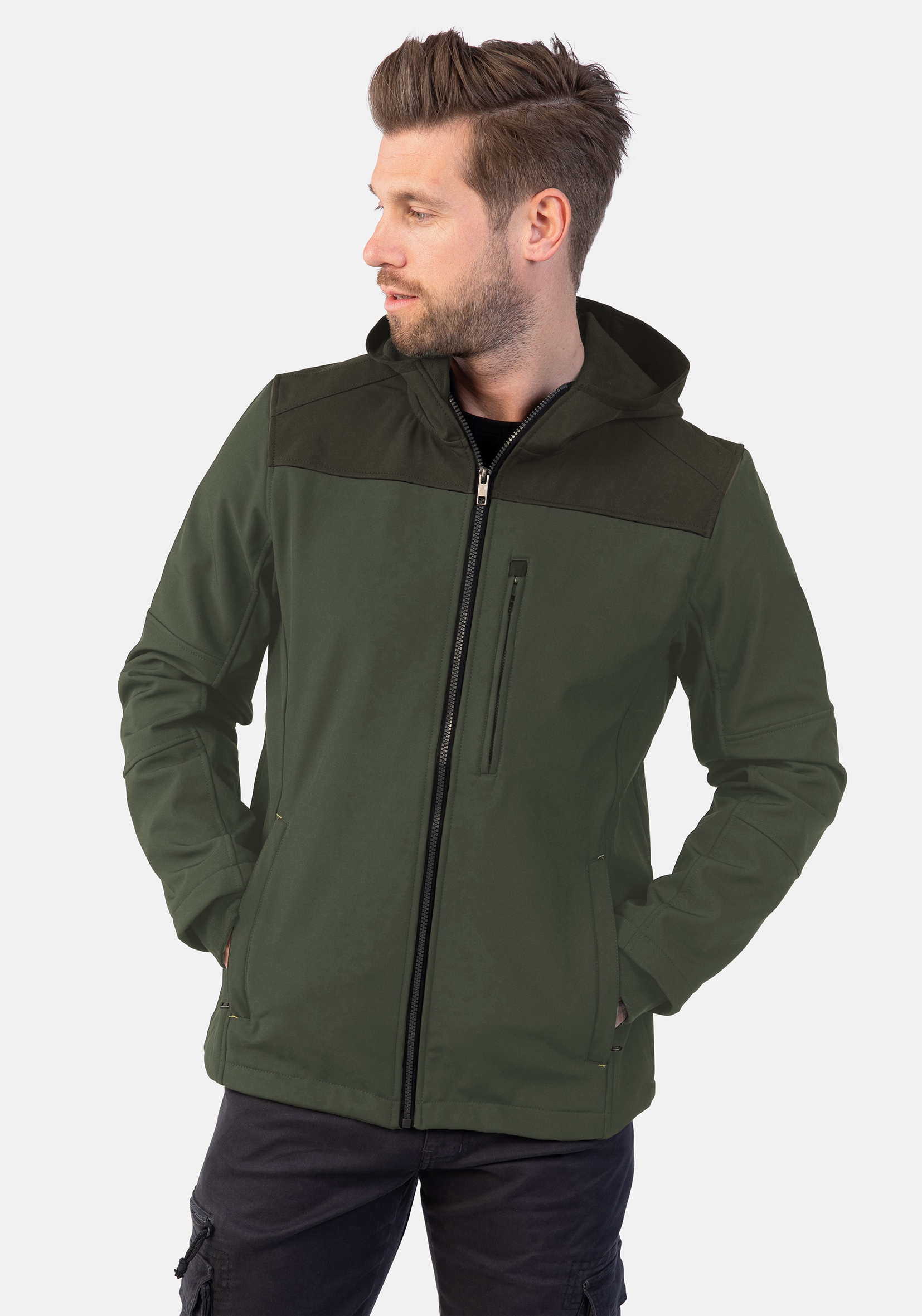 Softshelljacke HERO BY JOHN MEDOOX "JOEY Softshelljacke mit Fleecefutter", Herren, Gr. XL, grün col block, Softshell, 92% Polyester, 8% Elasthan, regular fit, Jacken Softshelljacke, Regular Fit Casual Softshell für Herren