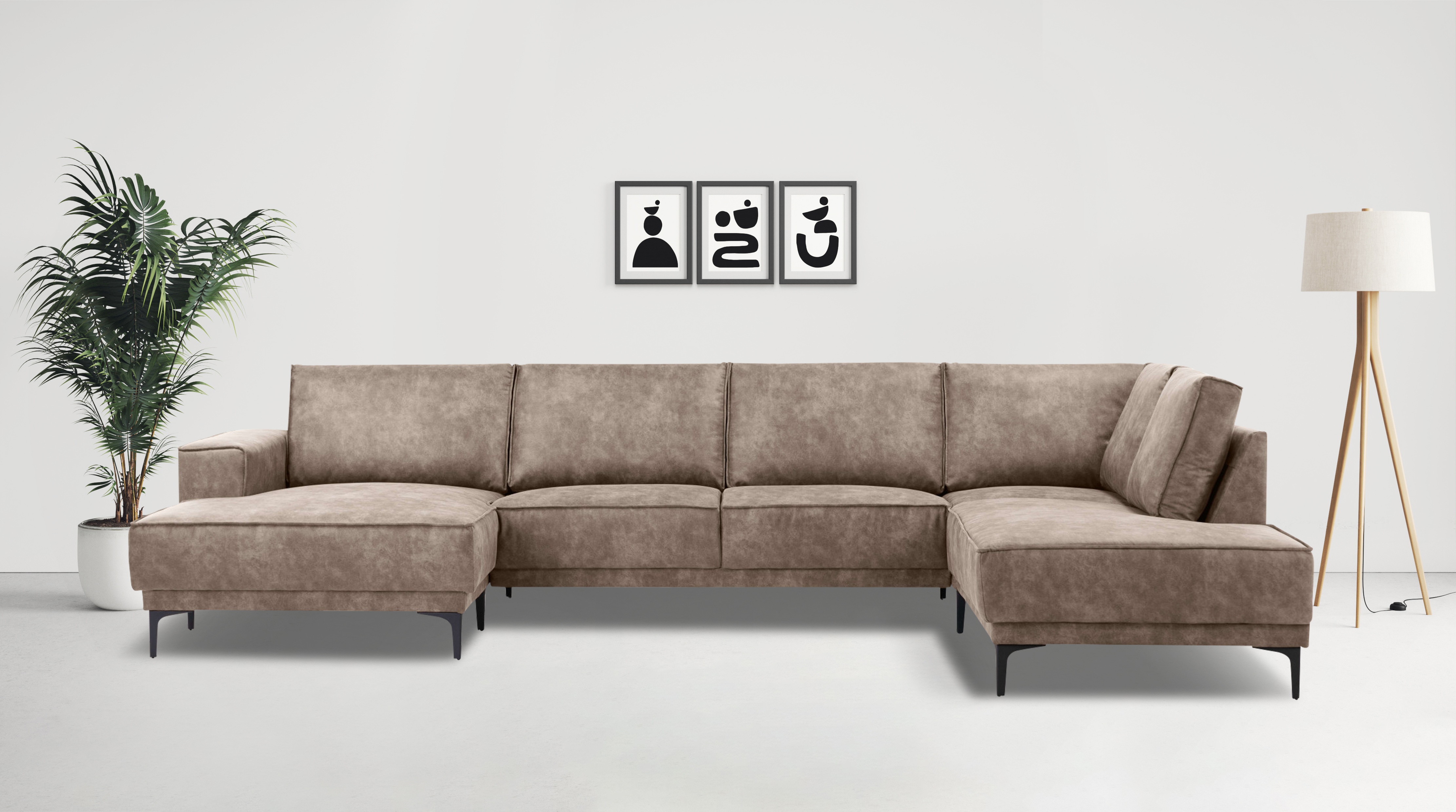 Wohnlandschaft OTTO HOME "XXL Sofa Oland, Struktur, Flachgewebe, Luxus-Microfaser, Boucle", taupe, B:345cm H:85cm T:210cm, 100% Polyester, Sofas, Wohnlandschaft, U-Form, 345 cm, Wellenunterfederung, Skandi-Design, Metallfüße