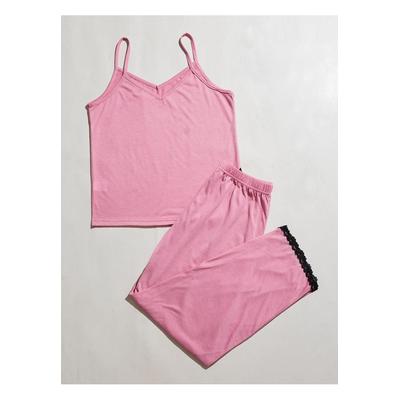 Set aus Pyjama mit V-Ausschnitt und Spitzenbesatz und Schlitz und Hose Image