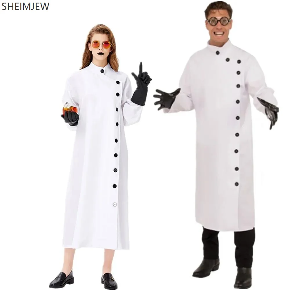 Langer weißer Mantel für Damen, Krankenschwester-Arzt-Kostüm für Erwachsene, verrückter Wissenschaftler, Rollenspiel, Halloween, Arzt, Krankenschwester-Kostüm, Bühnen-Performance-Set Image