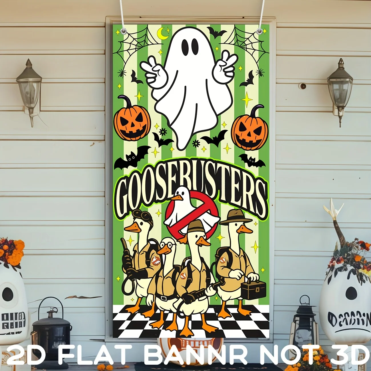 2D-Flachbanner „Happy Halloween“, dekorative Haustürabdeckung, niedliche Goosebuster-Party-Banner-Dekoration für drinnen und draußen, Zuhause, Dezember Image