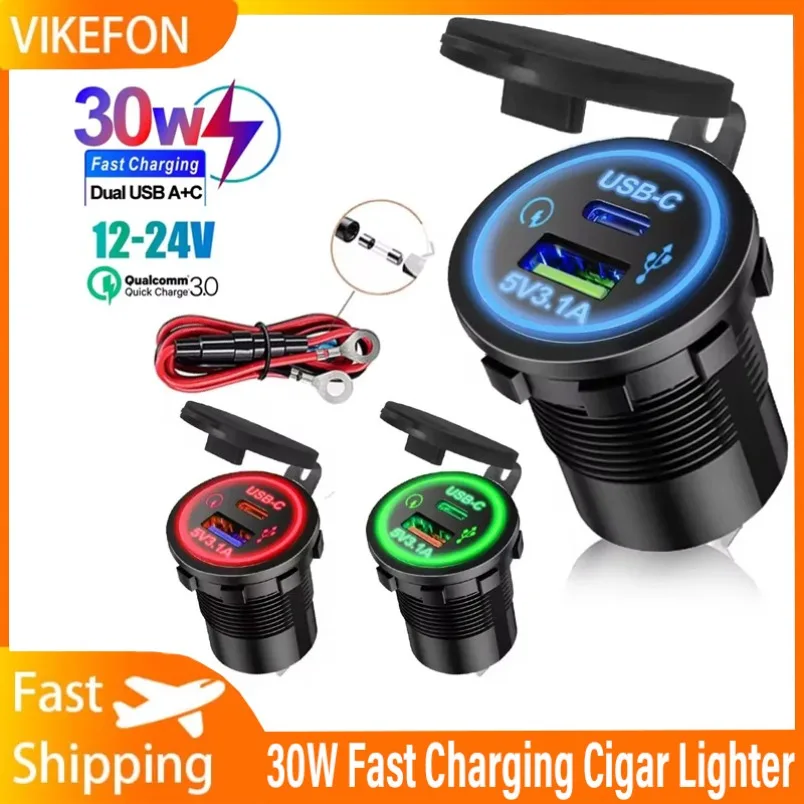 30W Schnelle Lade Für Moto Lkw ATV Boot Auto LED Licht USB TYPE-C PD Auto Ladegerät Universal Motorrad steckdose Zigarette Image