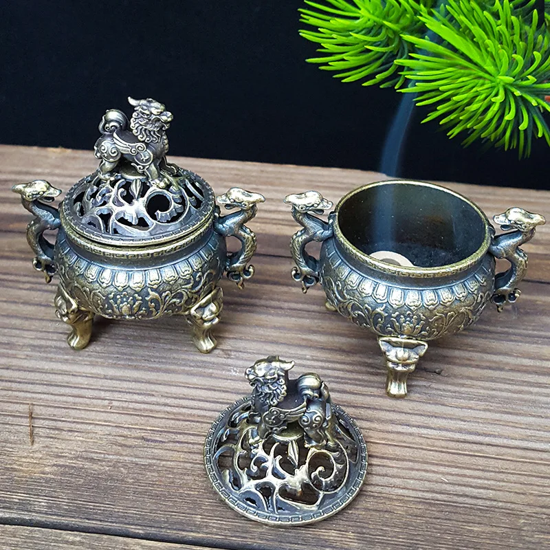 1 Stück Mini Dragon Qilin dreibeiniger Räuchergefäß, exquisite Dual-Drachen-Schnitzerei mit Qilin-Deckel oben (ohne Räucherstäbchen) Image