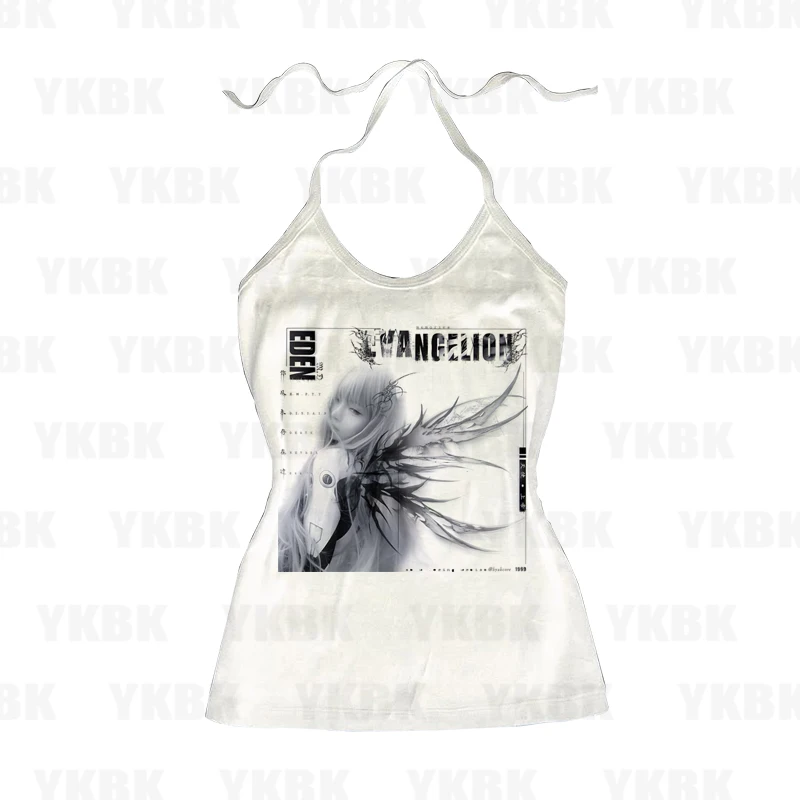 Gothic Print Weiß Frauen Anime Trägerlosen Druck Dünne Abgeschnitten Tops Sommer Casual Chic Graphic Tees y2k Streetwear Weste Grundlegende