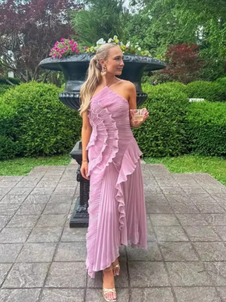 Elegantes lila Neckholder-Abschlussballkleid in A-Linie mit Rüschen, gestuft, rückenfrei, Partykleid, Sommerurlaub, Chiffon, langes Abendkleid