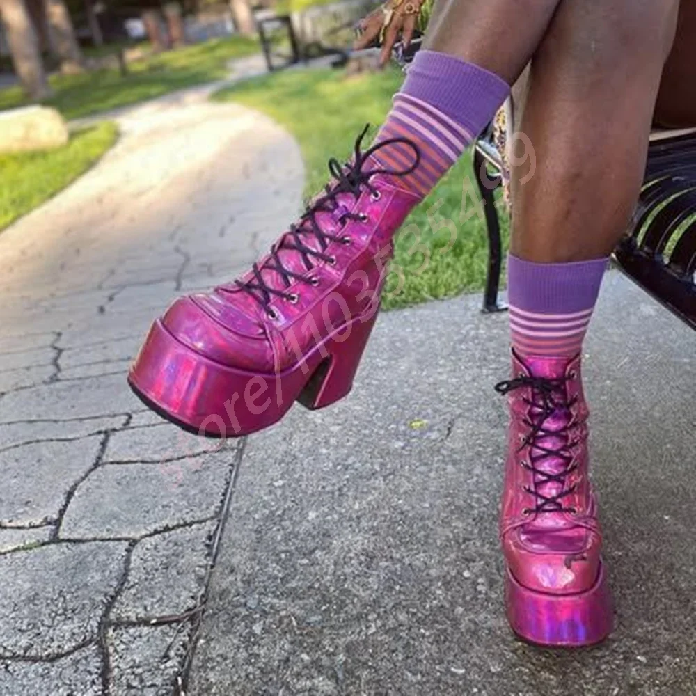 Dicke Sohle, runde Zehen, Punk-Party-Stiefel, modisch, 34–48, dicker Absatz, Stiefeletten, 2025, neue Street-Rock-Schnür-Motorradstiefel