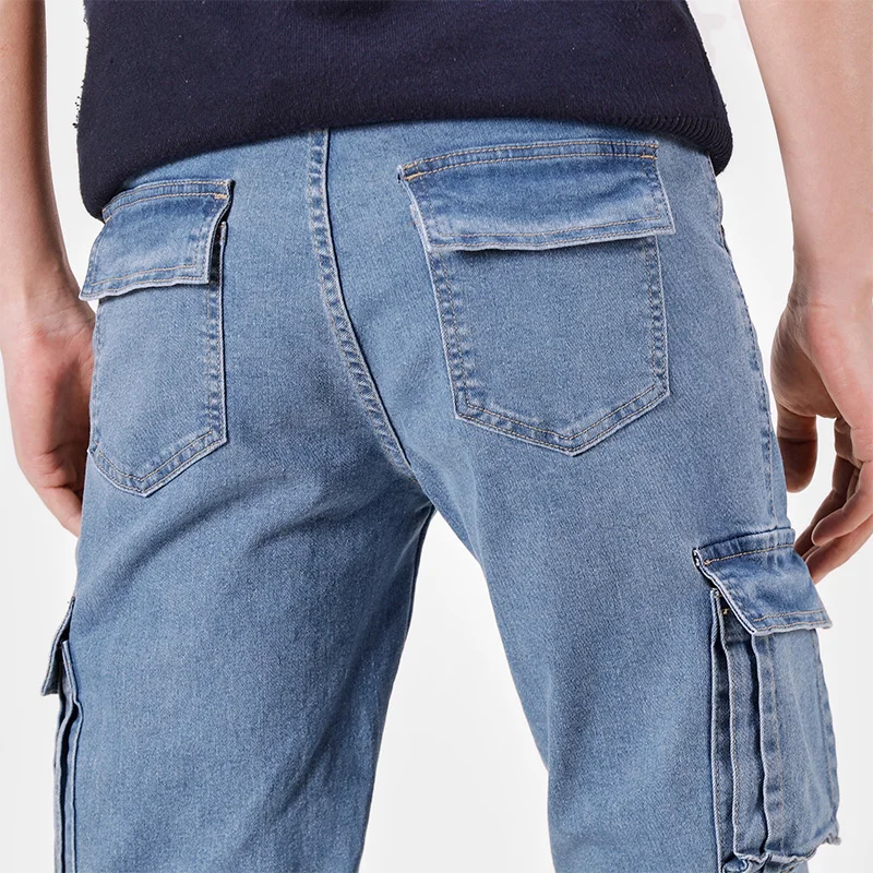 Herren-Jeans im Street-Style-Jeans mit elastischem Bund, einfarbig, gewaschen, schmale Passform, lässige Jeans mit mehreren Taschen für den täglichen Gebrauch Image