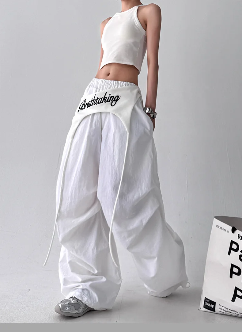 Bootcut-Hose für Damen – Streetwear-Baggy-Hose mit Hüftdrape und Taillenbändern, amerikanische Hip-Hop-Freizeithose mit abgerundetem Saum, Weiß