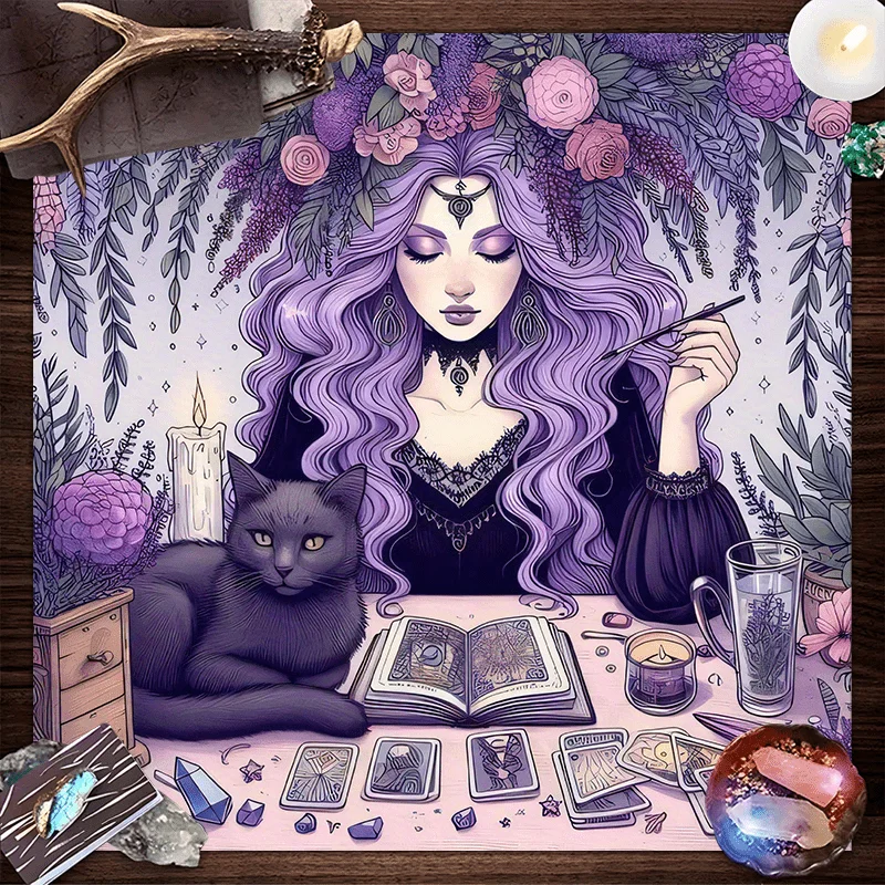 VIKAMA Glyzinien Hexe Tischdecke Tarot Wahrsagerei Schwarze Katze Kristall Runder Tisch Altar Esoterische Dekorationen