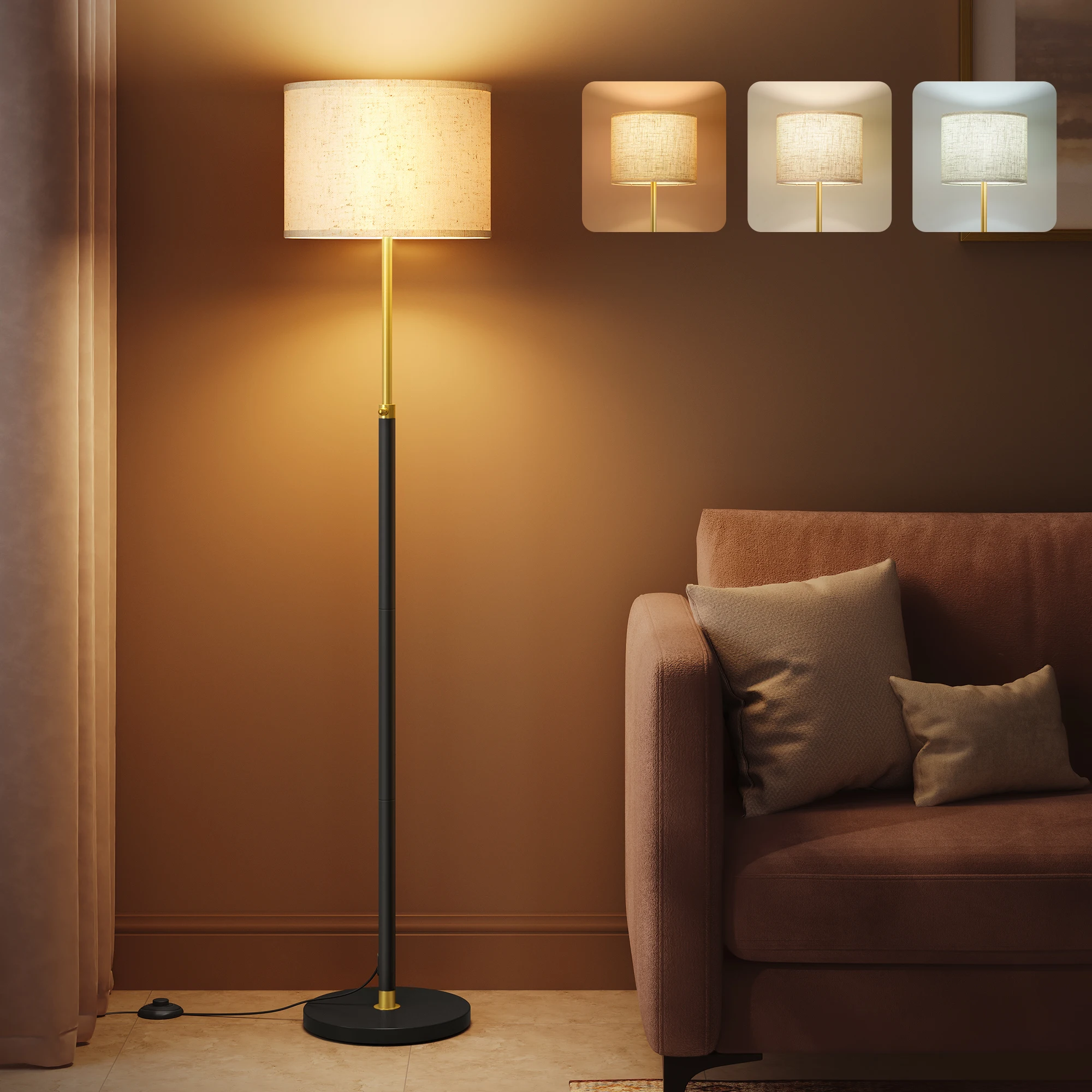 VASAGLE Stehleuchte, Standleuchte, Stehlampe, höhenverstellbare Leselampe, 140-170 cm, mit Fußtaster, Lampenschirm aus Stoff