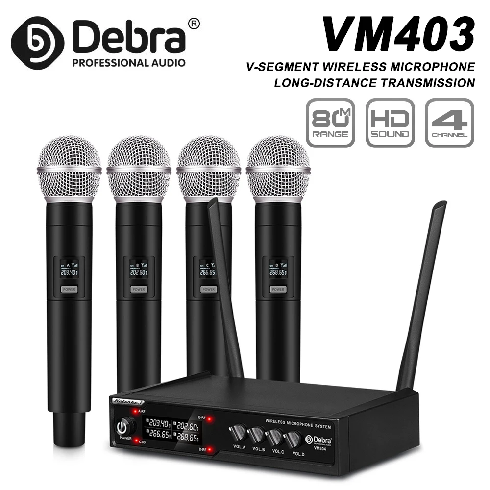 Debra VM304 VHF-Funkmikrofonsystem mit 4 tragbaren Funkmikrofonen, 80 Meter, für Kirchen, Vorträge, Karaoke Image
