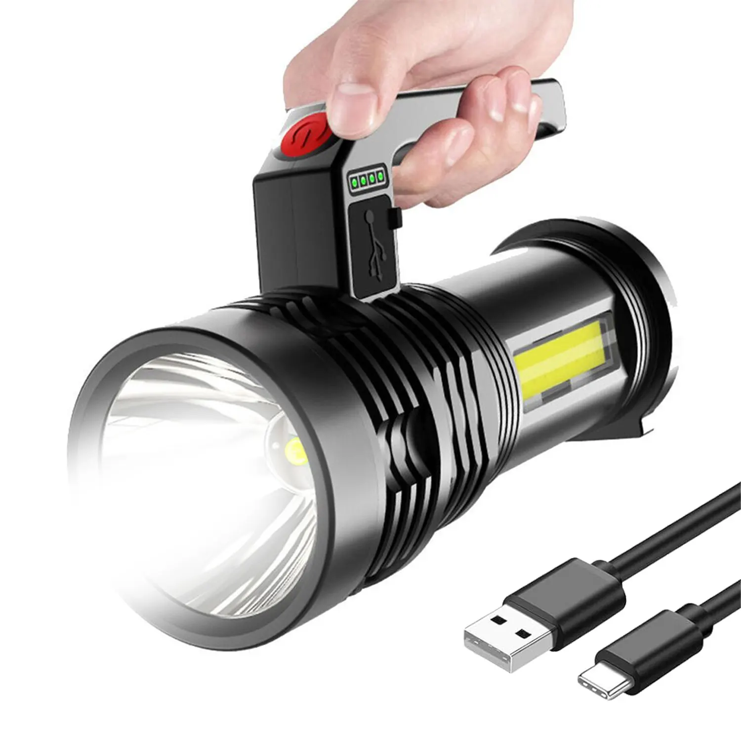 Tragbare, hochstarke LED-COB-Außen-ABS-Taschenlampen, 4 Beleuchtungsmodi, wiederaufladbare Taschenlampe mit großer Reichweite für die Angeljagd Image