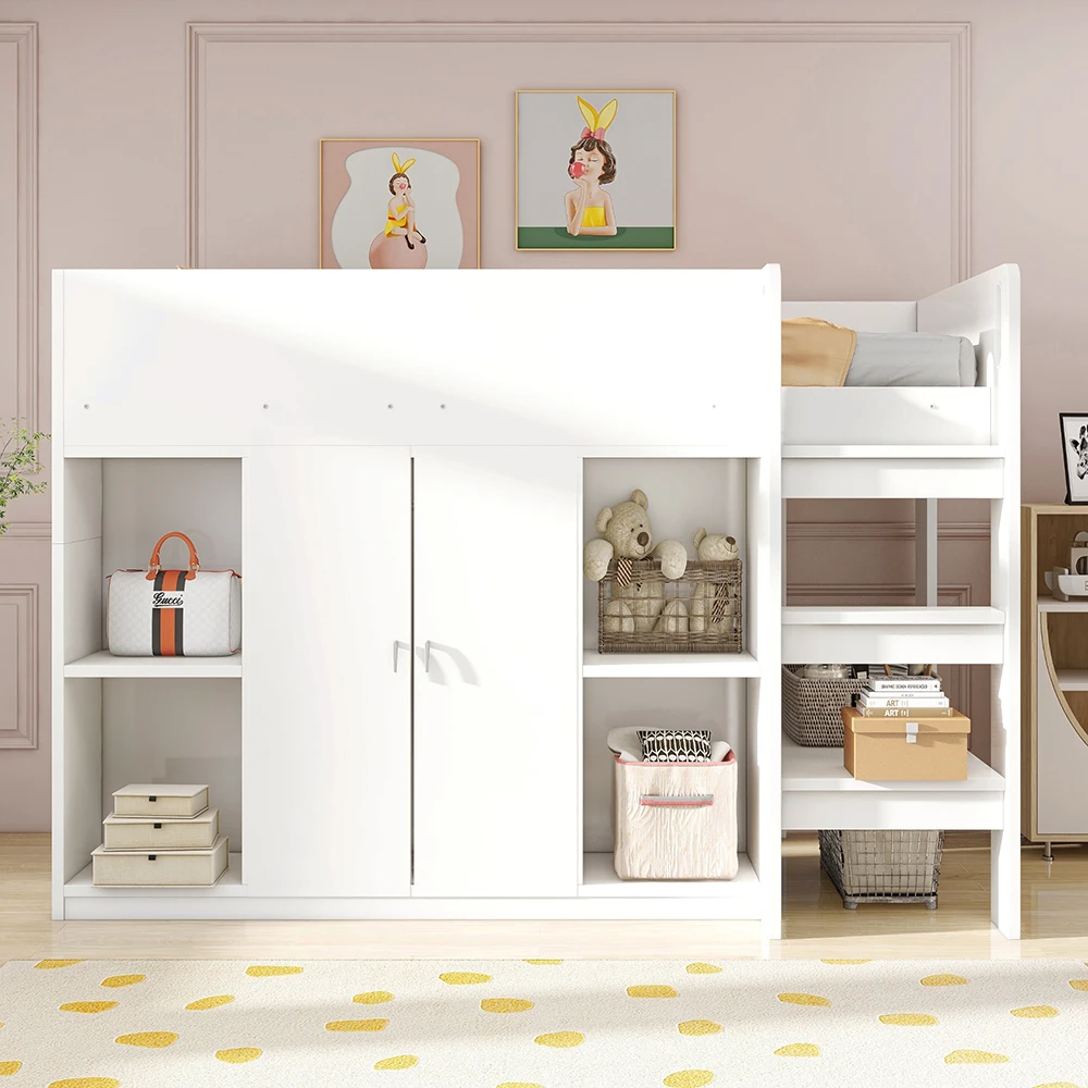 KOMHTOM Multifunktionales Hochbett 90x200cm mit Stauraum, Schrank und Regalen Image