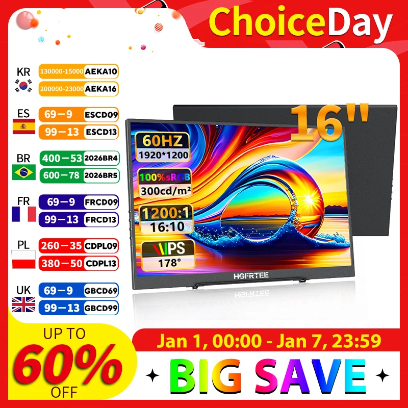 HGFRTEE 16-Zoll tragbarer Monitor FHD IPS 100 % sRGB 300 cd/m2 PC-Spiel Erweitertes Display Laptop Zweiter Bildschirm mit VESA und Halterung Image