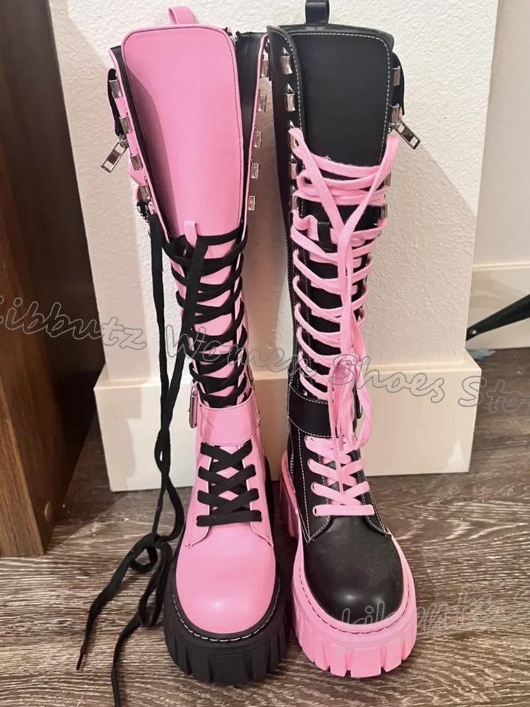 Kniehohe Stiefel mit Gürtelschnalle, runder Zehenbereich, dicker Boden, Schnürung, gemischte Farben, Reißverschlüsse, modische Neuheit, elegante, prägnante Rock-Damenschuhe