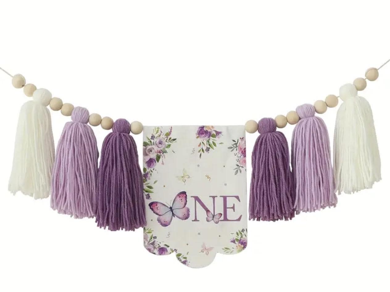 Striscione per seggiolone con farfalla viola, striscione per il primo compleanno, sfondo per foto di compleanno, uno striscione, striscione per il pri