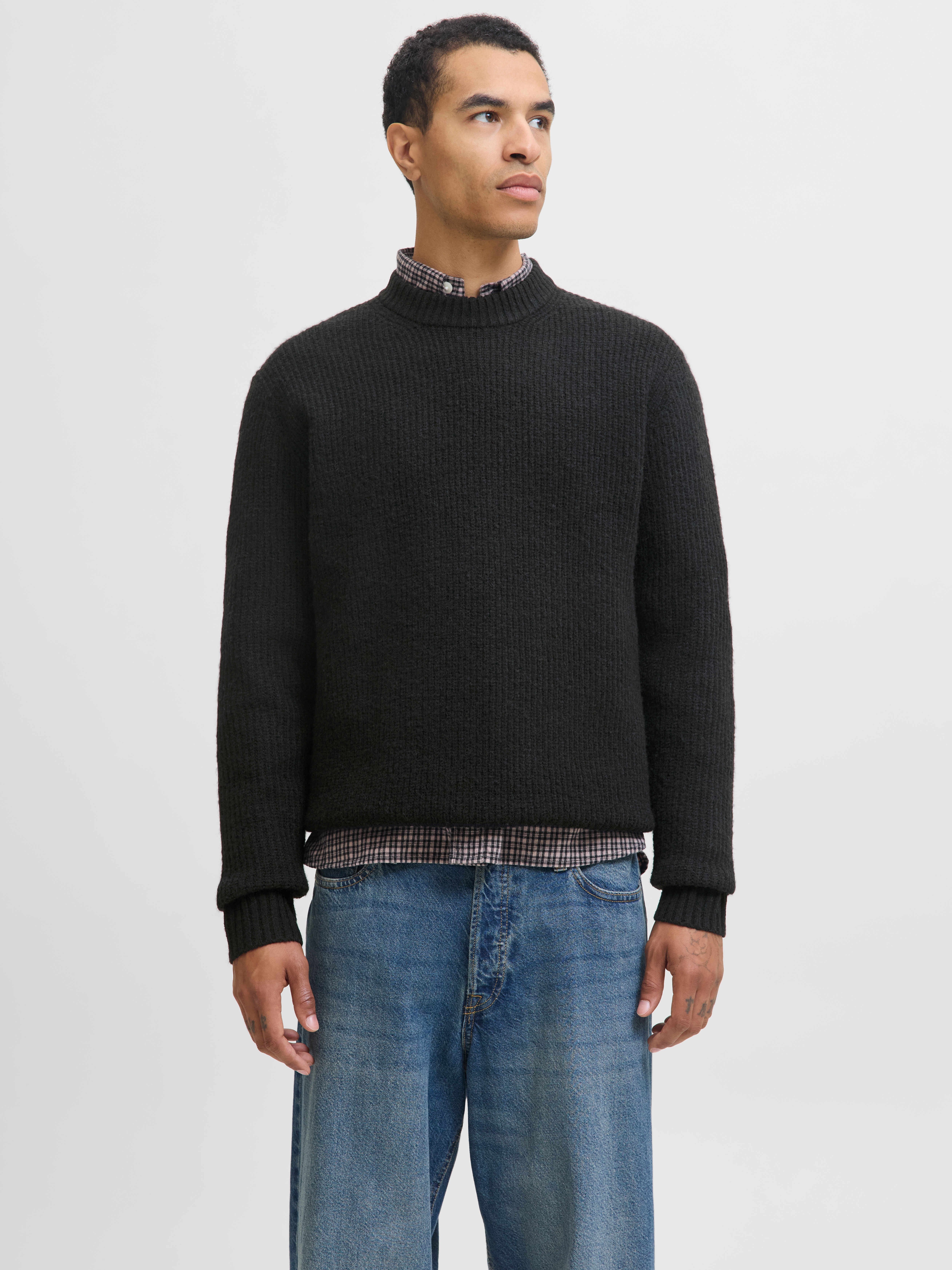 Strickpullover JACK & JONES "JORYORK OLLIE KNIT CREW NECK", Herren, Gr. L, schwarz, Strick, Obermaterial: 51% Polyester, 41% Polyacryl, 5% Wolle, 3% Elasthan, unifarben, relaxed fit normal, Rundhals, Rippbündchen, Pullover Strickpullover
