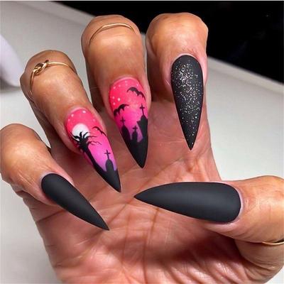 24 Pcs Halloween Press on Nails Long Stiletto Fake Nails Red Black Gradient False Nails with 3D Design Goth Acrylic Nails Press ons Halloween Glue on Nails Full Cover Reusable Stick on Nails for Women