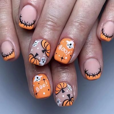 Halloween Yellow Flowers Press on Nails Short Square Fake Nails with Cute Little Ghost Designs Black Matte Artificial Nails Full Cover Stick on Nails Halloween Glue on Nails for Women Nail Art DIY