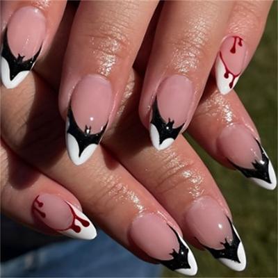 Halloween Bat Press on Nails Medium Almond Fake Nails White French Tips Acrylic False Nails Full Cover Glossy Glue Stick on Nails for Women Girls 24Pcs