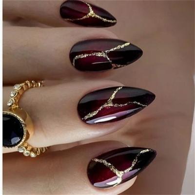 24pcs Fashionable Press-On Nails – Removable Style with Luxury Gold Line Design for Elegant Manicure