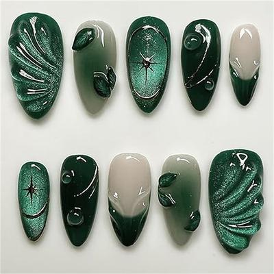 24Pcs Handmade Press on Nails Medium Almond Fake Nails with 3D Green Ripple Design False Nails Cat's Eye French Nails Tips Leaves Pattern Full Cover Glossy Reusable DIY Nails for Women Nail Art