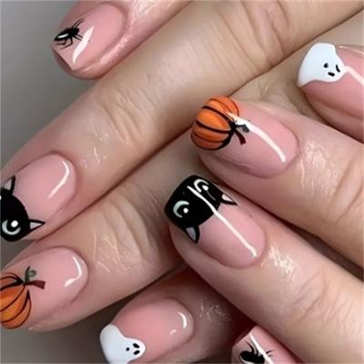 Halloween Yellow Flowers Press on Nails Short Square Fake Nails with Cute Little Ghost Designs Black Matte Artificial Nails Full Cover Stick on Nails Halloween Glue on Nails for Women Nail Art DIY
