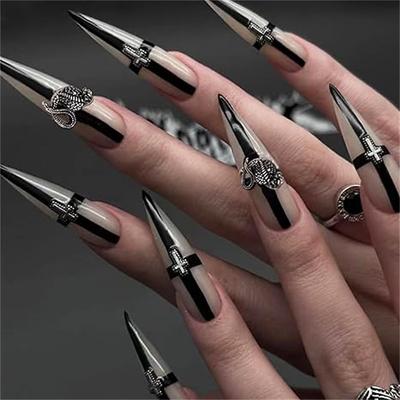 Goth Press on Nails Stiletto Fake Nails with 3D Cross Designs 24 Pcs Natural Reusable Long Almond Acrylic Nail Full Cover Stick on Nail for Women