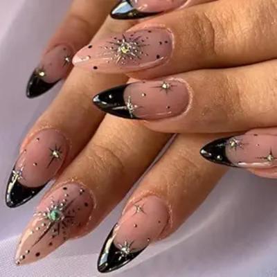 Black French Tip Press on Nails Medium Gold Glitter Rhinestones Design Almond Tip Press Ons False Nail Full Cover Artificial Nails Reusable Handmade Glue on Nails for Women 24Pcs
