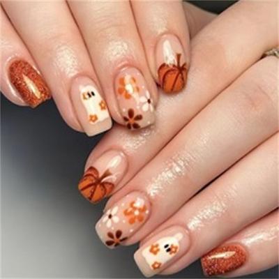 Halloween Yellow Flowers Press on Nails Short Square Fake Nails with Cute Little Ghost Designs Black Matte Artificial Nails Full Cover Stick on Nails Halloween Glue on Nails for Women Nail Art DIY