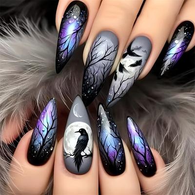 24pcs Removable Long Dark Purple Fake Nails for Stylish Manicures, Easy to Apply