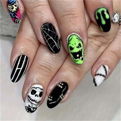 Halloween Bat Press on Nails Medium Almond Fake Nails White French Tips Acrylic False Nails Full Cover Glossy Glue Stick on Nails for Women Girls 24Pcs