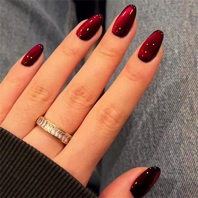 Dark Red Press on Nails Cat Eye Burgundy Glitter Press on Nails Almond Medium Sparkly Shiny Fake Nails Set Cute Bling Glue on Nails Medium Length for Women Holiday Gothic Design 24Pcs