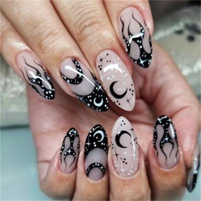 Halloween Bat Press on Nails Medium Almond Fake Nails White French Tips Acrylic False Nails Full Cover Glossy Glue Stick on Nails for Women Girls 24Pcs