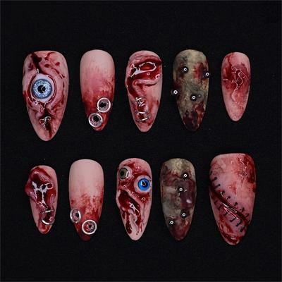 30pcs Halloween Almond-Shaped Press-On Nails – 3D Blood Stain Eye Ball Design, Fake Nails for Halloween Party