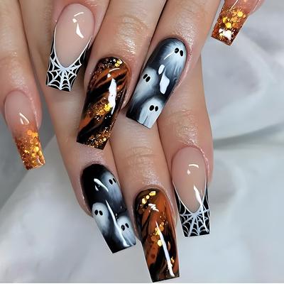 Halloween Spider Web Gradient Press-On Nails – Glittery Girly Fake Nails for Ghostly Spooky Costume Party